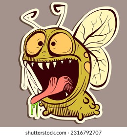 Digital art of a cartoon character caterpillar screaming. Vector of a monster insect with wings and a shocked facial expression