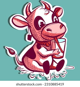 Digital art of a cartoon mascot cow drinking milk with a straw from a glass. Vector of a farm animal caricature holding a beverage.