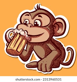 Digital art of a cartoon monkey drinking a beer. Vector of a mascot chimp holding a mug with an alcoholic beverage inside.