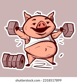 Digital art of a cartoon pig lifting weights and doing exercises. Fitness piglet bodybuilder with dumbbells working out to lose body fat