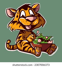 Digital art of a cartoon tiger eating salad from a big bowl in his lap. Vector illustration of a wild jungle vegan animal with stripes eating greens.