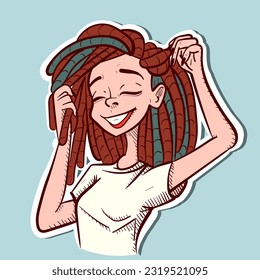 Digital art of a caucasian woman touching her dreadlocks. Vector of a young happy girl with dreads playing with her hair