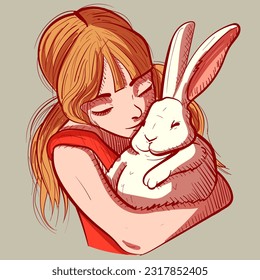 Digital art of a child holding a chunky white bunny in her arms. Vector of a young girl and her rabbit pet hugging