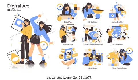Coleção de arte digital mostra várias atividades artísticas como pintura, escultura e gráficos de movimento. A ilustração vetorial apresenta arte interativa moderna e design de moda virtual.