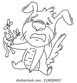 digital art coloring page with black line, fun dog emotion. poor little puppy, sitting with a frog and it does not like it