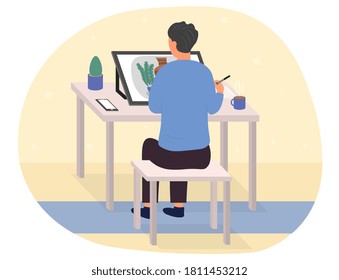 Digital art concept. Artist drawing a still life on a graphic tablet. Flat vector illustration.