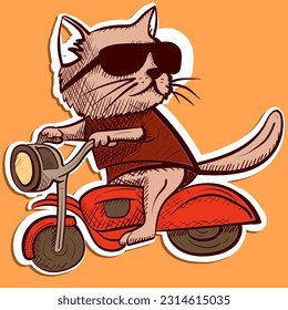 Digital art of a cool cat with sunglasses riding a motorcycle. Cartoon character of a kitty biker riding a motor.