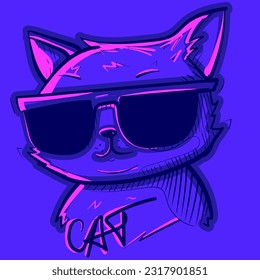 Digital art of a cool cat wearing sunglasses under pink neon lights. Vector of a gangsta kitty with glasses and graffiti text