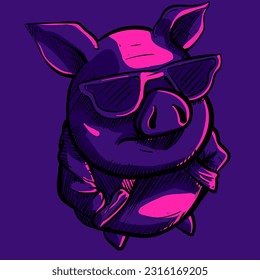 Digitale Kunst eines coolen Gangsta-Schweins mit einer Sonnenbrille und einer Jacke unter rosafarbenem Neonlicht. Vektorgrafik eines unter UV-Strahlen leidenden Ferkels mit den Händen in der Tasche