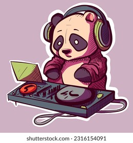 Digital art of a cool panda with sunglasses and a jacket mixing in the club. Vector of a DJ bear character.