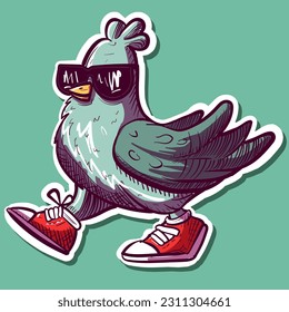 Digital art of a cool pigeon wearing sunglasses and sneakers. Hiphop graffiti bird with glasses and shoes.