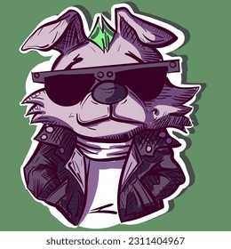 Digital art of a cool punk dog wearing sunglasses and a leather jacket. Metalhead puppy wearing rocker clothes.