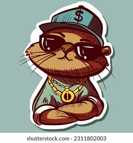 Digital art of a cool thug otter with a gold chain, clothes and a hiphop hat. Graffiti sticker of a weasel with sunglasses.