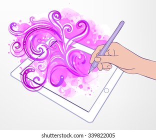 Digital art creating: technology concept. Portable tablet  looking like ipade and human hand drawing intricate doodles composition with pen, vector illustration with watercolor isolated on white.  