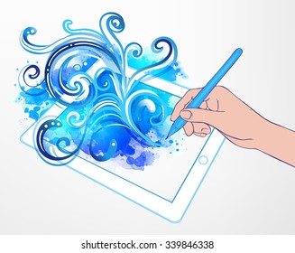 Digital art creating: technology concept. Portable tablet and human hand drawing intricate doodles sketchy composition with pen, vector illustration with watercolor isolated on white.  