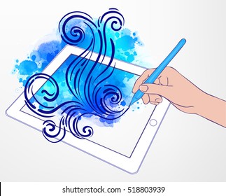 Digital art creating: technology concept. Portable tablet and human hand drawing intricate doodles sketchy composition with pen, vector illustration with watercolor isolated on white. 