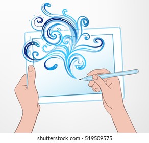 Digital art creating: technology concept. Portable tablet and human hand drawing intricate doodles sketchy composition with pen, vector illustration with watercolor isolated on white. 