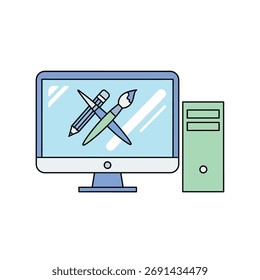 Ferramentas de criação de arte digital monitor de computador e vetor de torre