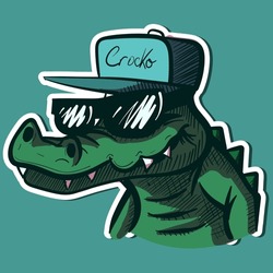 Digital Art Of A Crocodile Head Wearing A Hiphop Hat And Sunglasses. Vector Of A Green Thug Alligator With Teeth.