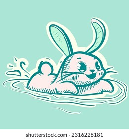Digital art of a cute bunny swimming in a pool and splashing water. Vector of an adorable rabbit playing in the ocean