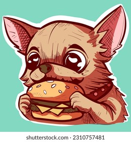 Digital art of a cute cartoon chihuahua eating a big burger with his small hands. Vector of a small dog eating a hamburger.