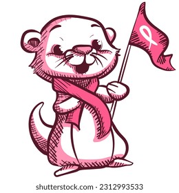 Digital art of a cute cartoon otter with a tie and a pink flag with the breast cancer ribbon. Adorable animal for a medical cause