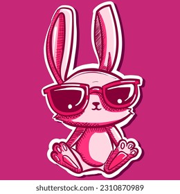 Digital art of a cute fluffy bunny with sunglasses sitting down. Vector of a pink rabbit cartoon sticker.