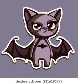 Digital art of a cute purple cat in a bat costume for Halloween. Vector of a cute kitty with wings going for trick or treat.