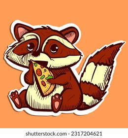 Digital art of a cute raccoon eating a slice of pizza. Vector of a cute red panda sitting and enjoying fast food.