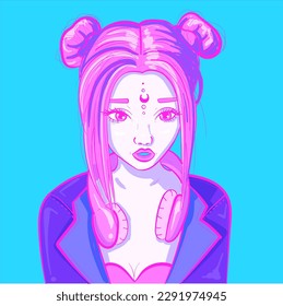 Digital art of a cyber neon woman in a leather jacket and a pair of headphones. Scifi synthwave girl with pink and blue colors.