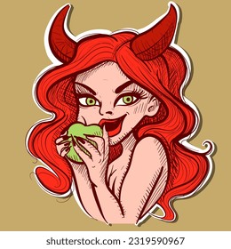 Digital art of a demon woman with red hair and horns holding an apple. Vector of a succubus cartoon character eating a fruit