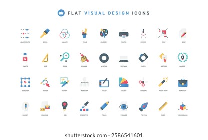 Digital art design, idea and equipment for designers, portfolio and artists mindset color icon set. Software, pencil scissors pen tools to edit graphic design flat elements vector illustration