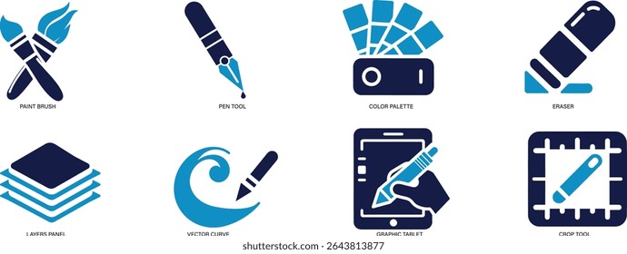 Digital Art and Design Tools Icon Set Brush, Pen Tool, Palette, Tablet, Layers You can easily change the color