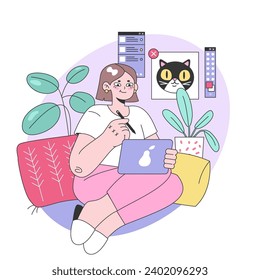 Digital art enthusiast concept. A creative woman sketching on her tablet, surrounded by design tools and a quirky cat window. Engaged in her passion project at a vibrant corner. vector illustration