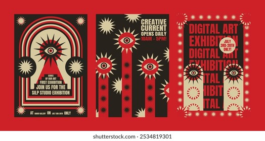 Cartazes de exposição de arte digital com desenhos em vermelho, preto e branco. Os motivos oculares dominam o tema da arte digital, com uma tipografia marcante. Vetores de modelo de poster retro psicodélico.