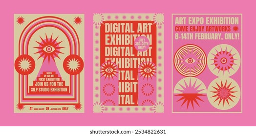 Digital art exhibition posters with bold text and vibrant pink colors. Eye-catching psychedelic retro digital art design. Psychedelic retro poster template vectors.