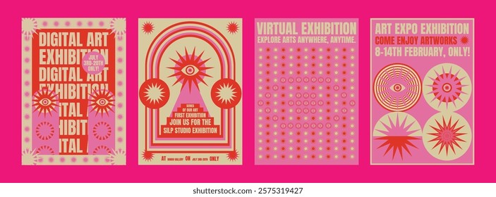 Digital art exhibition posters with bold, vibrant designs. Virtual exhibition details, featuring digital art, art expo. Eye-catching digital art. Psychedelic retro poster template vectors.