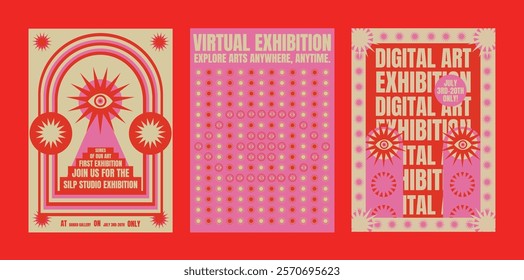 Digital art exhibition posters with vibrant colors. Virtual exhibition details. Eye-catching design with stars and bold text. Psychedelic retro poster template vectors.