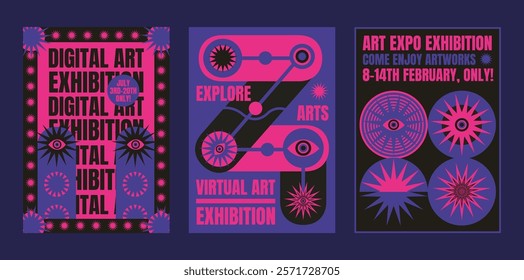 Digital art exhibition posters in vibrant pink and blue. Explore virtual art, digital designs, and creative artworks. Bold, eye-catching graphics. Psychedelic retro poster template vectors.