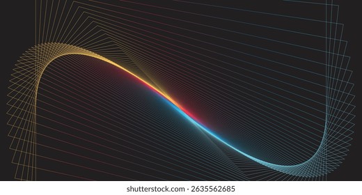 Digital art featuring colorful intersecting waveforms forming geometric patterns, creating a futuristic and dynamic aesthetic set against a dark background.