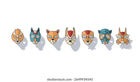 Digital art featuring diverse pixelated feline faces with distinct tribal inspired designs