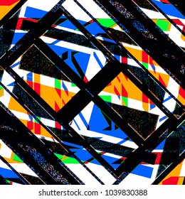 Digital art geometric abstract linear pattern in multicolored tones against black and white colors.