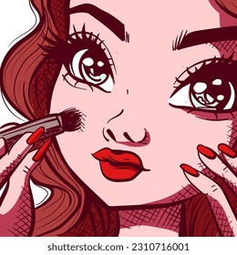 Digital art of a girl applying makeup with a brush on her cheeks. Closeup illustration of a woman with anime eyes putting on blush.