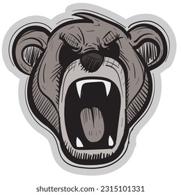 Digital art of a graffiti bear head screaming and showing his teeth. Vector of a wild animal being aggresive. Sticker for sport teams.