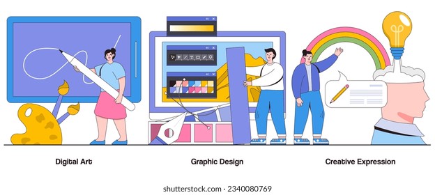 Arte digital, diseño gráfico, concepto de expresión creativa con carácter. Conjunto de ilustraciones de vectores abstractos de creatividad visual. Inspiración, Exploración Artística, Metáfora Digital de Obra Maestra.