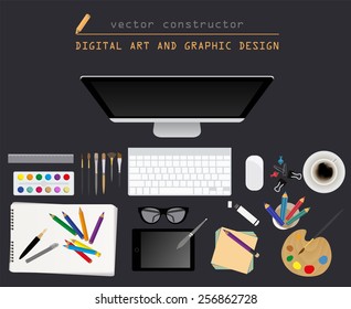 Digital art and graphic design. Working place in flat design. Constructor of your own work space. Vector illustration