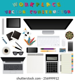 Digital art and graphic design. Working place in flat design. Constructor of your own work space. Vector illustration