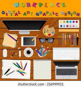 Digital art and graphic design. Working place in flat design. Constructor of your own work space. Vector illustration