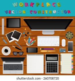 Digital art and graphic design. Working place in flat design. Constructor of your own work space. Vector illustration 