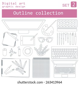 Digital art and graphic design. Working place in outline linear flat design. Constructor of your own work space. Vector illustration